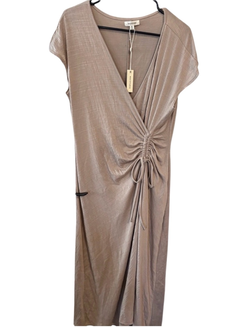 Max Studio Taupe Ruched Side Tie V-Neck Midi Dress Size XL - Picture 4 of 4